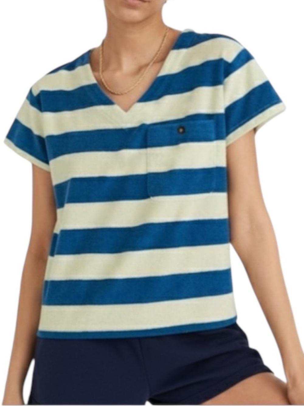 Madewell MWL Blue & Green V Neck Retroterry Rugby Striped Tee Size Medium